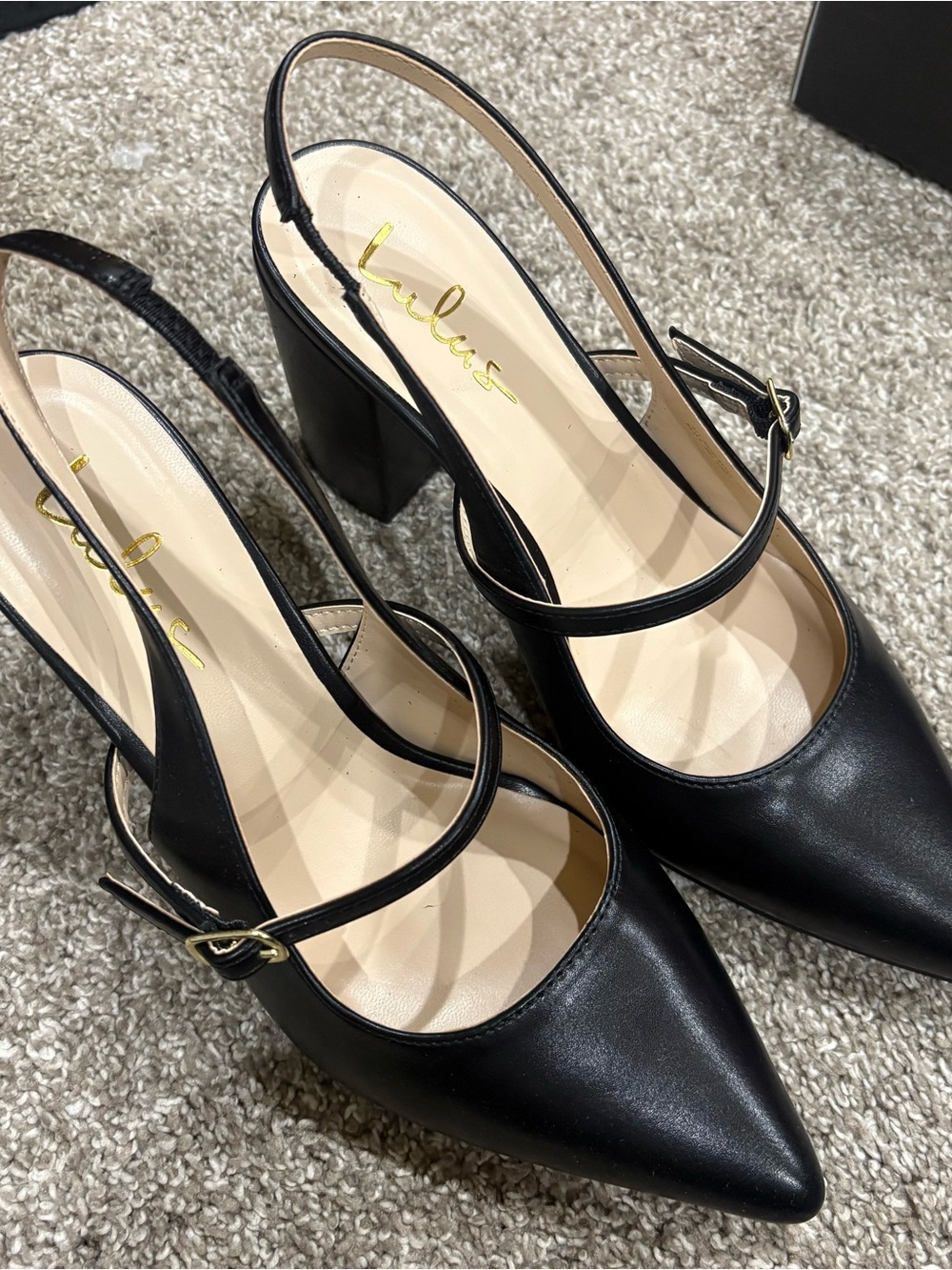Lulu's Black Pointed Slingback Block Heels with Ankle Strap